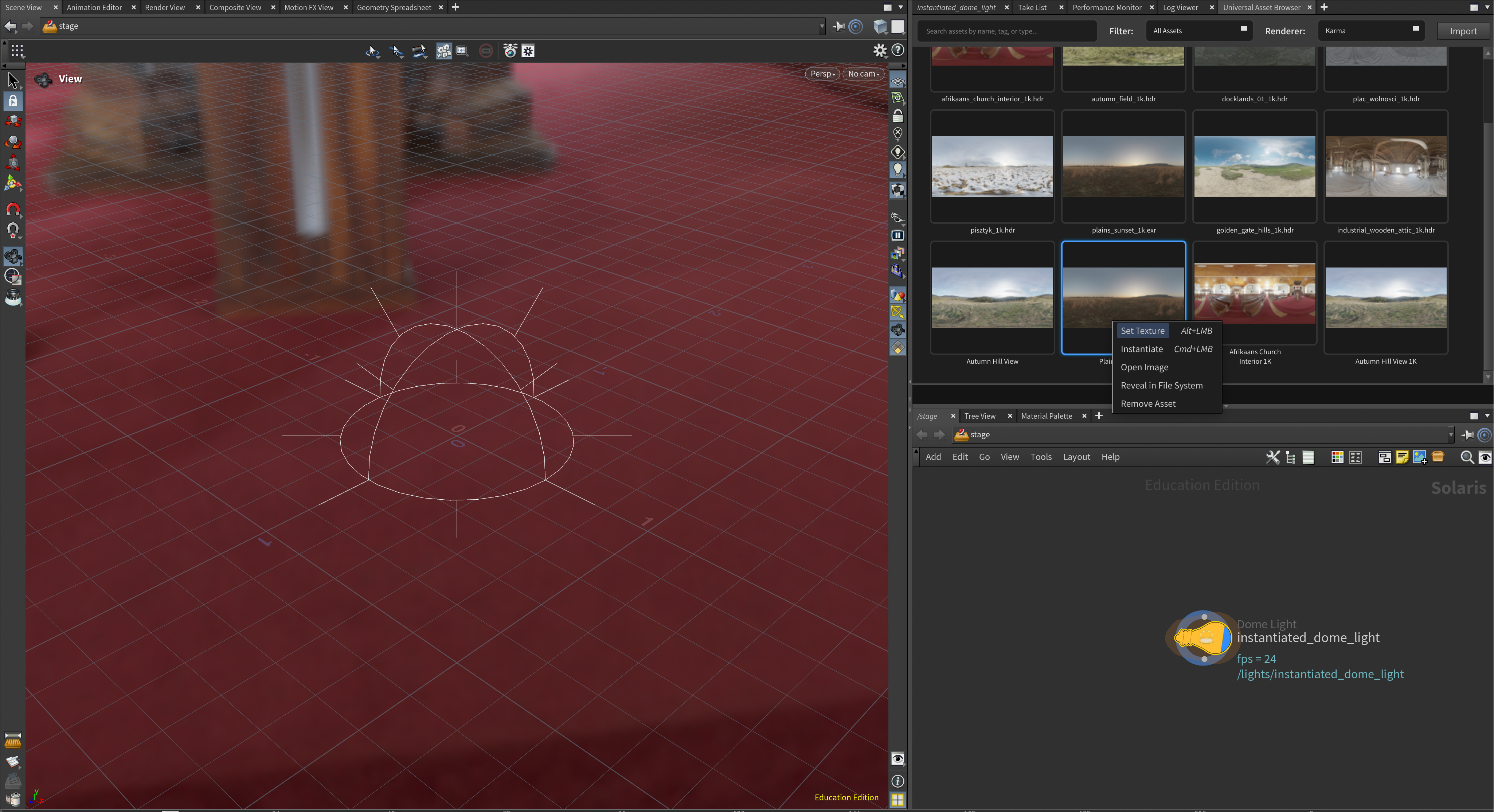 The context menu showing a selected dome light and the option to set its texture.